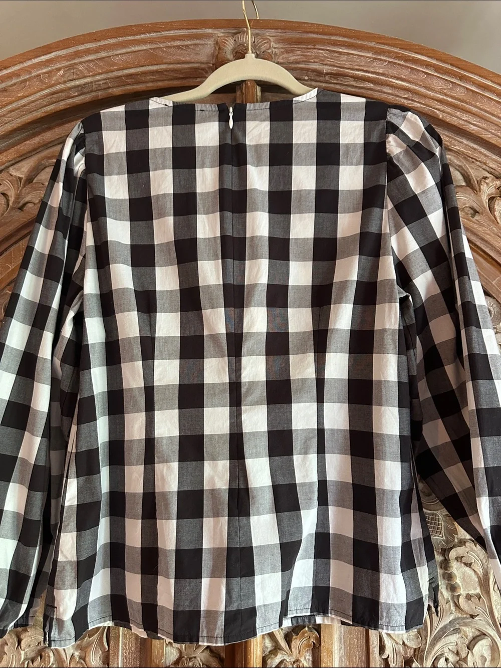 J. Crew Black and White Gingham Puff-Sleeve Blouse